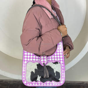 Sac à bandoulière en cuir à carreaux pour femmes, tendance 2026, sac à main de luxe en cuir de vache véritable avec poils, pour femmes - Product Image 4
