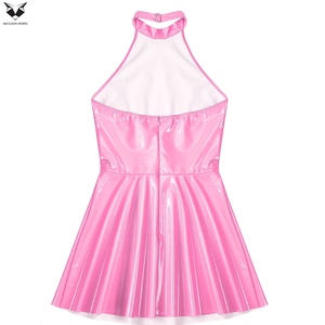 Nouvelle Robe Tendance Personnalisée pour Femme en Cuir PU Rose, Col Halter, Sans Manches, Taille Naturelle, Plissée, Coupe A-Line, Mini-jupe – Excellent Fournisseur - Product Image 5
