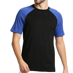 Camiseta Casual de Cuello Redondo y Manga Raglán para Hombre, Color Negro y Azul, Corte Regular, Tejido de Punto, Diseño de Bloques de Color Sólido - Product Image 1