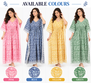 Vestido Largo Kaftán Bohemio Floral Azul y Blanco para Mujer, Cuello en V, Sin Mangas, Cintura con Cordón, Corte Holgado, 100% Algodón, para Playa - Product Image 5