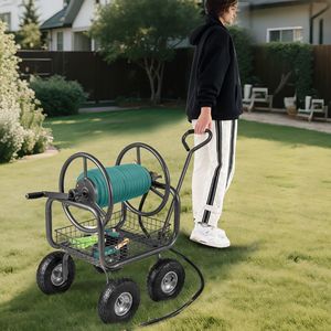 Carrello Avvolgitubo da Giardino Grande Capacità 300 Piedi con 4 Ruote e Cesto Portaoggetti - Product Image 1
