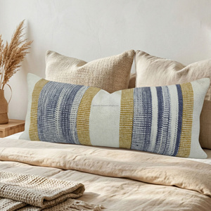 30 × 50 cm Blue <b>Mustard</b> Handloom Woven Lumbar Cushion Cover Multicolor Stripe Textured <b>Throw</b> Pillow Boho Accent - Product Image 1