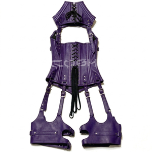 Corset en cuir violet à baleines en acier, avec harnais pour le cou et les cuisses - Product Image 2