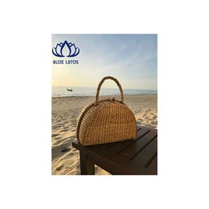 BEST SELLING BLUE <b>LOTUS</b> Organic Rattan Zipper Closure Durable Bag | Natural Handwoven Round Crossbody Bag for Summer Travel - Product Image 1