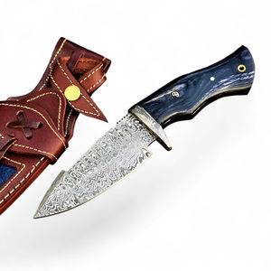 มีดล่าสัตว์เหล็กดามัสกัส ใบมีดคงที่ ด้ามไม้ปักก้า ปลอกหนัง ทำมือ สำหรับตั้งแคมป์กลางแจ้ง ปลายใบมีดแบบดรอปพอยต์ รับผลิตตามแบบ OEM - Product Image 1