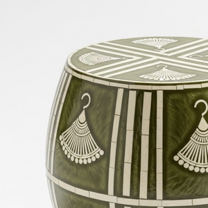 Tabouret tambour en os vert incrusté fait main – Table d'appoint ronde de luxe avec motifs géométriques et en éventail, table décorative - Product Image 3