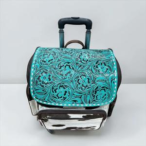 Western Rolling <b>Backpack</b> Cowhide Print Leather Zipper Closure Bohemian Style Unisex Travel Bag with <b>Wheels</b> - Product Image 2