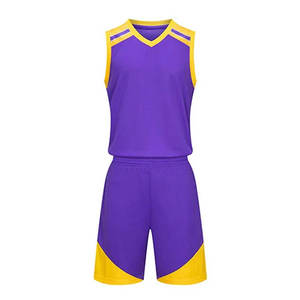 <b>Purple</b> And Yellow Basketball Uniform Set For Adults Unisex Breathable Polyester <b>Tank</b> <b>Top</b> With Shorts OEM Service - Product Image 1