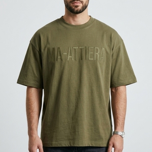 Men's T Shirt Olive <b>Green</b> Tonal Raised Text Design Crew Neck Short Sleeve Oversized Fit Casual Streetwear <b>Tshirt</b> - Product Image 1