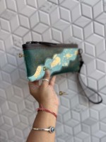 Pochette de poignet en cuir métallisé, style bohème, avec fermeture éclair, motif western gravé, pour usage quotidien