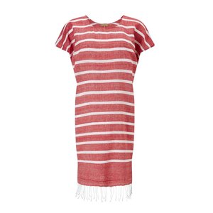 Vestido Kaftán de Verano Informal para la Playa, Tejido con Rayas Bohemias Ecológicas de Algodón Teñido con Hilo, Cuello en V, Flecos, Transpirable - Product Image 4