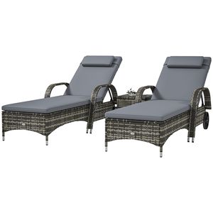 "Patio Wicker Chaise Lounge Chair Set of 2 with <b>Table</b> Adjustable Backrest Wheels Cushion & Headrest Gray" - Product Image 1