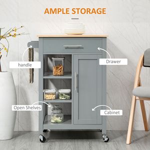 Carrello da Cucina Grigio con Ruote, Piano in Legno Massello, Cassetto e Ripiano Portaoggetti per Organizzazione Cucina e Sala da Pranzo - Product Image 4