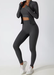 Conjunto de Yoga de 3 Piezas para Mujer con Logotipo Personalizado, Sin Costuras, de Spandex, para Gimnasio, Ejercicio, Sujetador Deportivo, Leggings de Cintura Alta, Chaqueta de Manga Larga, Absorbe la Humedad - Product Image 6