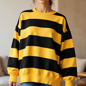Sweat-shirt surdimensionné à col rond imprimé rayé pour femme, manches longues, en coton tricoté, pour l'hiver et l'automne, motif jaune et noir - Product Image 2