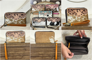 Fashionable Women Designer Eagle Pattern <b>Tooled</b> Clutches Real Cowhide Fur <b>Leather</b> Multiple Card Holder Rfid Evening Wallet Purse - Product Image 3