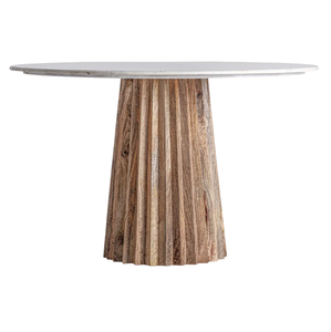 Modern Light Brown Mango <b>Wood</b> Hand Crafted Unique Pedestal Base Round White Marble <b>Top</b> Home Cafe Bar Restaurant Dining <b>Table</b> - Product Image 1