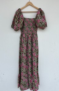 Women Green Pink Floral Print Maxi <b>Dress</b> Smocked Bodice Short Sleeve <b>Boho</b> <b>Summer</b> <b>Dress</b> 100% Cotton Ladies Casual Wear - Product Image 5