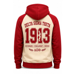 Sweat-shirt à capuche Delta Sigma Theta rouge et crème, manches raglan, lettres grecques 1913 imprimées au dos, unisexe, décontracté, pour l'automne - Product Image 3