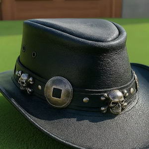 Sombrero de Vaquero Negro de Cuero Hecho a Mano de Primera Calidad con Banda de Calavera, Estilo Steampunk Gótico para Festivales de Rock - Product Image 5
