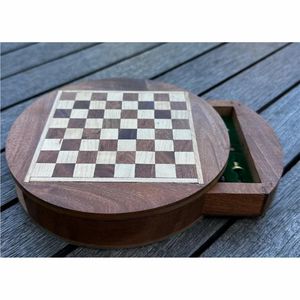 Jeu d'échecs rond en bois de qualité supérieure avec tiroir intégré |   Échiquier de voyage en bois sculpté à la main de luxe pour cadeaux de Noël - Product Image 1