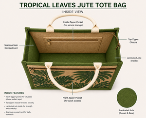 Bolsa de Yute Laminada Personalizada con Estampado de Hojas Tropicales, Ecológica, Reutilizable, con Bolsillo con Cremallera, Asa de Algodón, Resistente, para Exposiciones, Amani - Product Image 4