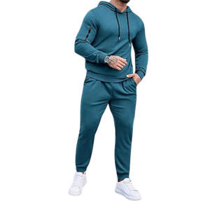 ชุดวอร์มผู้ชายสีเทา-น้ำเงินแบบมีฮู้ด เสื้อฮู้ดลำลองและกางเกงจ็อกเกอร์ ชุดกีฬาสำหรับฤดูใบไม้ผลิและฤดูใบไม้ร่วง ชุดวิ่ง - Product Image 2