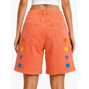 Short en jean pour femme, taille haute, coupe ample, ourlet retroussé, en coton, brodé motif cœur arc-en-ciel orange corail, style décontracté, mode estivale - Product Image 2