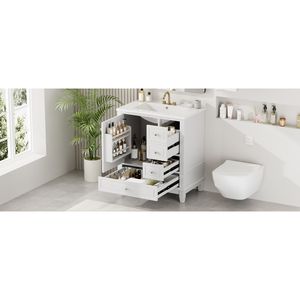 Mobile da Bagno Bianco da 30 Pollici con Lavabo, Una Porta e Ripiano, Tre Cassetti con Chiusura Ammortizzata - Product Image 1