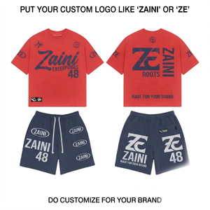 ZAINI 280 GSM Premium 100% Polyester French Terry Breathable T Shirt Short <b>Set</b> Red Navy Custom Embossed Hand Embroidery Logo - Product Image 1