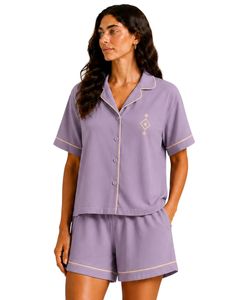 Custom Lavender Purple Women Pajama Set Short Sleeve Button Down Nightwear Soft Breathable Summer Sleepwear Casual Lounge Set - Product Image 1