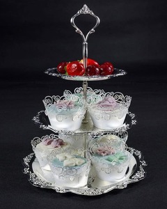 New design two tier square metal serving stand with ornate cutwork design and polished silver finish perfect for desserts snacks - Product Image 3