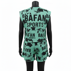 ชุดเสื้อยืดแขนกุดและกางเกงขาสั้นผู้หญิง ผ้าฝ้าย 100% 200 GSM ผ้าฝ้ายโพลีเอสเตอร์พรีเมียม สีเขียวมิ้นท์ พิมพ์ลายกราฟิก พร้อมโลโก้แบบกำหนดเอง - Product Image 2