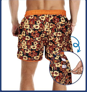 กางเกงขาสั้นชายลายดอกไม้ พลัสไซส์ เอวผูกเชือก ปิดด้วยซิป ชุดว่ายน้ำลำลอง แต่งขอบสีส้ม ผลิตจากวัสดุที่เป็นมิตรกับสิ่งแวดล้อม - Product Image 6