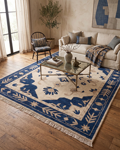 Tapis Oushak DECORDEC ivoire marine, 100% laine de Nouvelle-Zélande, antidérapant, motif papillon, pour salon, villa, hôtel, intérieur - Product Image 3