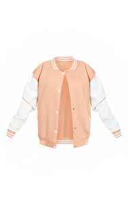 Women's Peach Varsity <b>Jacket</b> With <b>White</b> Sleeve Solid Color Preppy Style Button Up Collar Full Sleeve Regular Fit Autumn Wear - Product Image 6