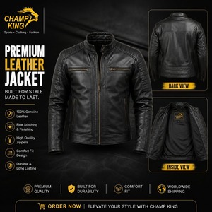 Blouson moto en cuir véritable pour homme, col montant, fermeture éclair, noir uni, coupe classique, pour l'automne - Product Image 1