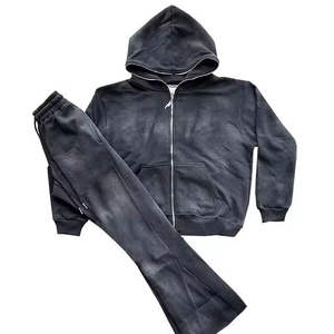 Conjunto de Sudadera con Capucha y Pantalones Anchos de Algodón 100% de Color Liso Estilo Vintage Unisex, Personalizado con Cremallera, Lavado Ácido, para Invierno, Conjuntos de Chándal para Hombre - Product Image 3