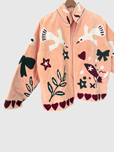 Veste matelassée rose brodée à la main avec des oiseaux et des fleurs, col mandarin, manches longues, vêtement d'automne pour femmes - Product Image 3