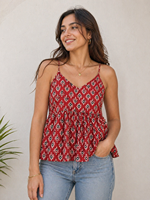 Débardeur Cami ample en coton imprimé géométrique à bretelles spaghetti et col en V pour femme, style bohème, printemps-été, sans manches, vente en gros