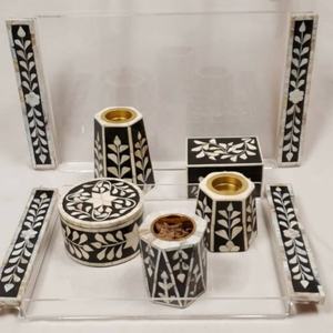 Vintage Craft Poli ACRYLIQUE TREAY SET Décoration de la Maison Plateau avec Perle Incrusté Poignée Oud Brûleur et Oud Box Animal Style - Product Image 1