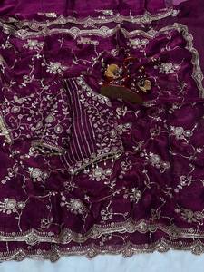 <b>Red</b> Embroidered Premium Chiffon <b>Saree</b> Gold Thread Work Summer Quick Dry Slim Fit Wedding Party Wear Women Traditional - Product Image 3