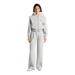 Ensemble de survêtement court à capuche pour femme avec pantalon large, taille élastique, poches latérales, coupe décontractée, vente en gros, personnalisable, OEM, deux pièces - Product Image 1
