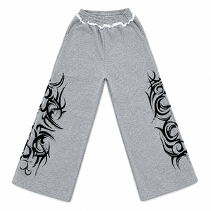 Pantalones Deportivos Anchos Grises para Mujer con Estampado Tribal Negro, Cintura Elástica, Corte Holgado, Estilo Casual Urbano - Product Image 5