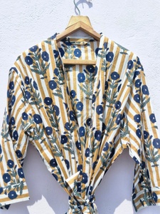 Peignoir Kimono en Coton à Motifs Floraux, Robe Rayée Jaune Légère, Robe de Chambre d'Été, Tenue de Détente Bohème pour Spa - Product Image 6