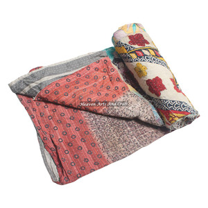 Couverture 100 % coton vintage Kantha à imprimé éléphant, indienne, réversible, faite à la main, lavable, toutes saisons, pour la maison et l'hôtellerie, couverture lourde - Product Image 1