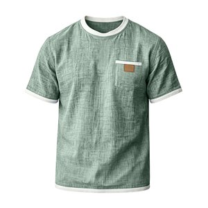Camiseta de Verano para Hombre, Estampada, de Algodón y Lino, Manga Corta, Cuello Redondo, Ligera, Transpirable, con Ribete en Contraste y Bolsillo en el Pecho - Product Image 5