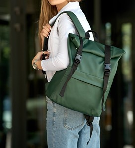 Security Focused <b>Leather</b> Roll Top <b>Backpack</b> Lockable Buckle Rucksack For Commuters Safe Travel Daypack LRTB-0190 - Product Image 1