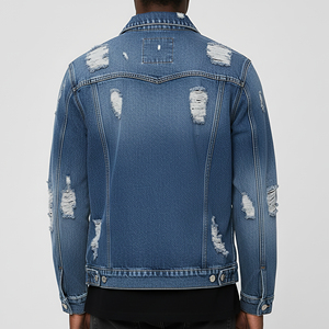 Men's Distressed <b>Denim</b> Jacket Blue Ripped Washed Casual Style Regular Fit Button Front <b>Coat</b> Autumn Wear - Product Image 3