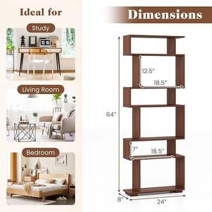 ชั้นวางหนังสือโลหะรูปทรงเรขาคณิต 6 ชั้น รูปตัว S พร้อมชุดป้องกันการล้ม 2 ชุด ชั้นวางของสำหรับห้องครัวและห้องนั่งเล่นแบบแข็งแรงทนทาน - Product Image 3
